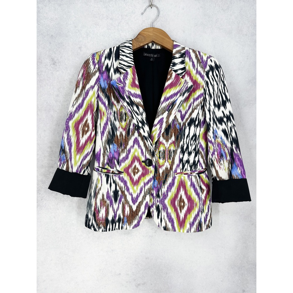 Lafayette‎ 148 New York Ikat Diamond Print Blazer Purple Green Boho Size 6